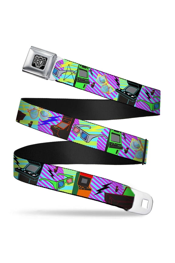 Belt, Seatbelt Buckle Belt, Eighties Arcade Multi Neon Stripes, Youth 22 to 32 Inches