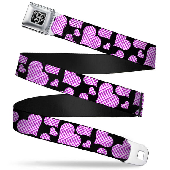 Buckle-Down Belt, Seatbelt Buckle Belt, Eighties Hearts Black Fuchsia White, 30 to 44 Inches