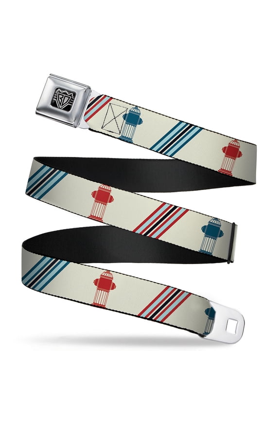 Belt, Seatbelt Buckle Belt, Fire Hydrants Stripes Tan Blues Reds, Youth 22 to 32 Inches