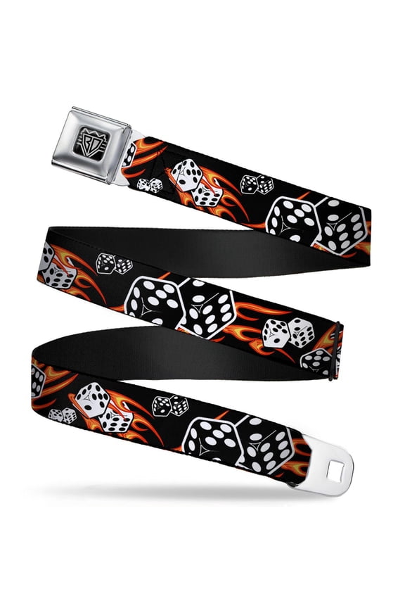 Belt, Seatbelt Buckle Belt, Flaming Dice, 34 to 52 Inches
