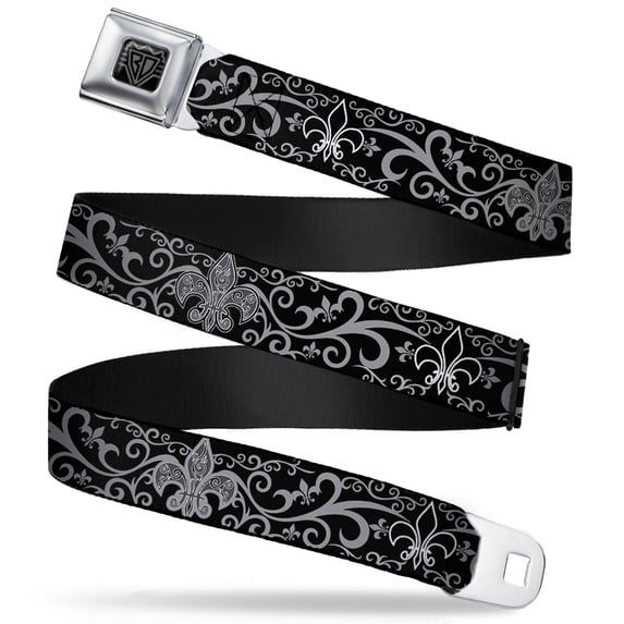 Buckle-Down Belt, Seatbelt Buckle Belt, Fleur De Lis Filigree Black Gray, Youth 22 to 32 Inches