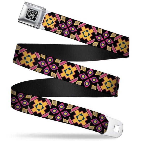 Buckle-Down Belt, Seatbelt Buckle Belt, Geometric Sunburst Black Pink Yellow Blue, 34 to 52 Inches