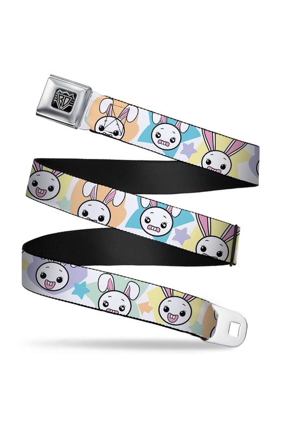Belt, Seatbelt Buckle Belt, Happy Sad Bunnies Stars White Pastel, 34 to 52 Inches