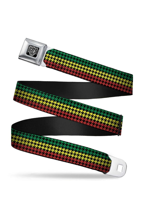 Belt, Seatbelt Buckle Belt, Houndstooth Black Rasta, Youth 22 to 32 Inches