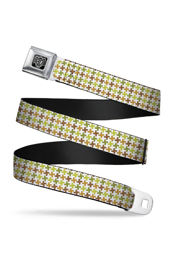Belt, Seatbelt Buckle Belt, Houndstooth White Green Brown, 30 to 44 Inches