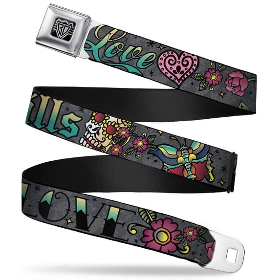 Buckle-Down Belt, Seatbelt Buckle Belt, Love Kills Gray, Youth 22 to 32 Inches