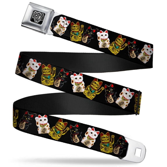 Buckle-Down Belt, Seatbelt Buckle Belt, Maneki Neko Lucky Cats Gold Black White, 30 to 44 Inches