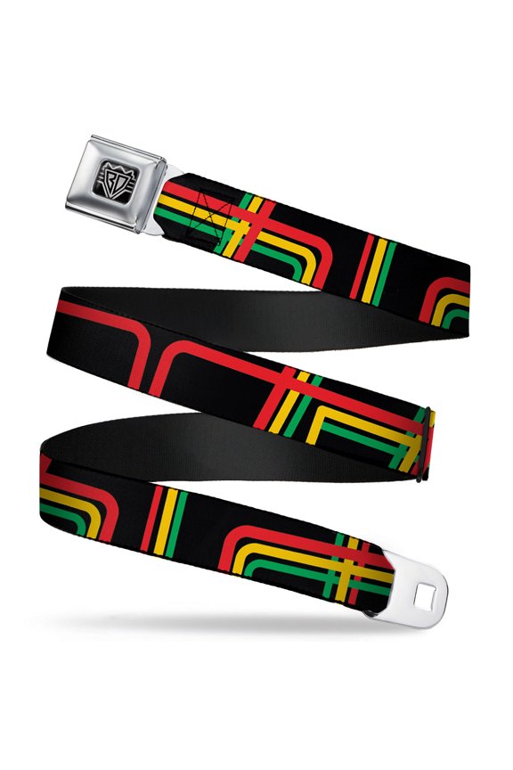 Belt, Seatbelt Buckle Belt, Maze Lines Black Rasta, Youth 22 to 32 Inches