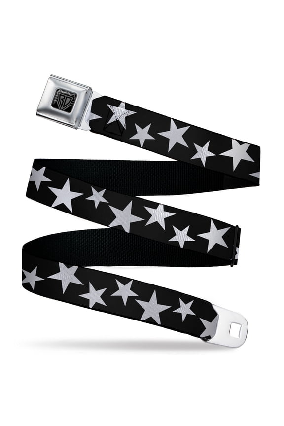 Belt, Seatbelt Buckle Belt, Multi Stars Black White Black White Outline, Youth 22 to 32 Inches
