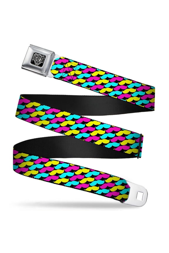 Belt, Seatbelt Buckle Belt, Mustache Monogram Black Fuchsia Turquoise Yellow, Youth 22 to 32 Inches