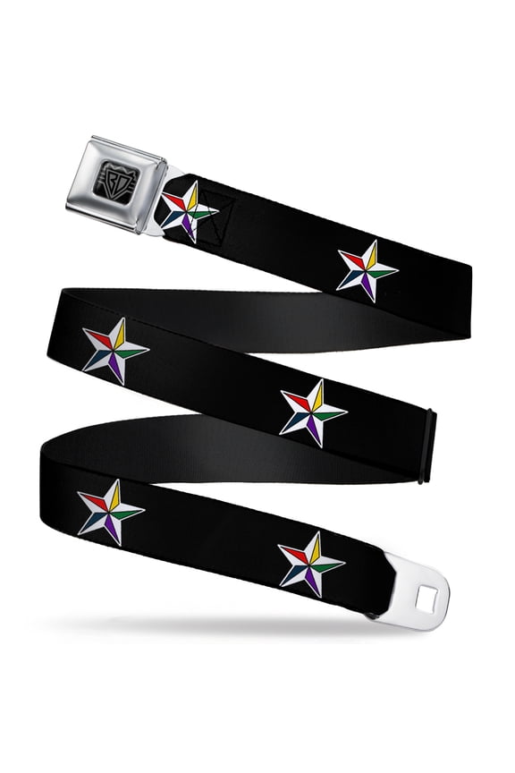 Belt, Seatbelt Buckle Belt, Nautical Star Black White Multi Color, Youth 22 to 32 Inches