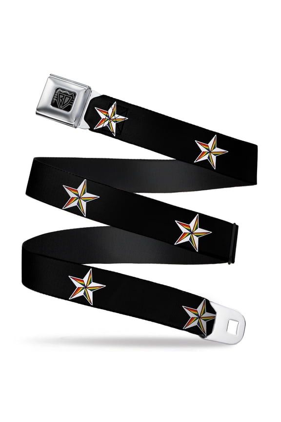 Belt, Seatbelt Buckle Belt, Nautical Star Black White Rainbow, Youth 22 to 32 Inches