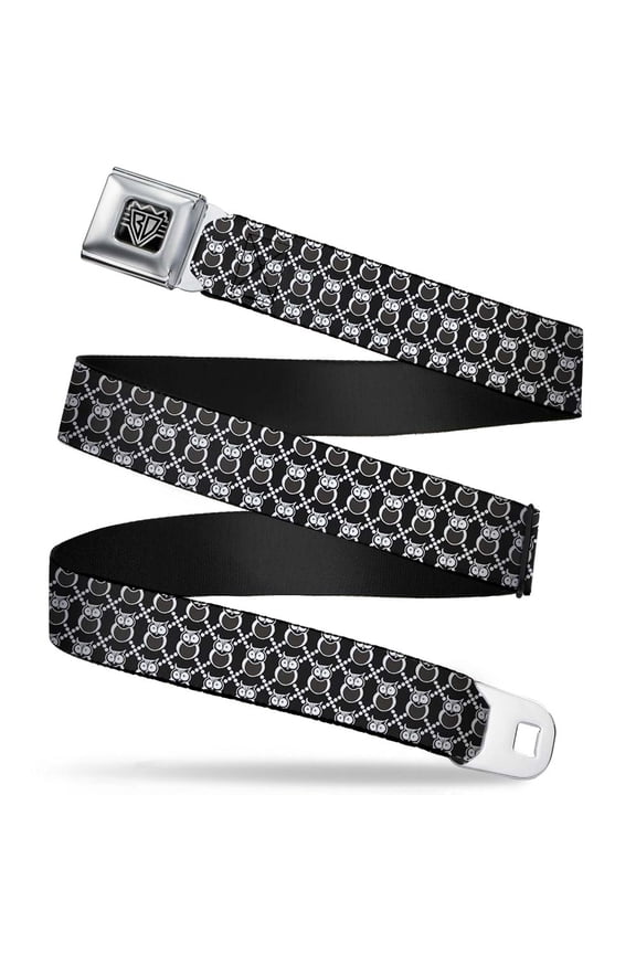 Belt, Seatbelt Buckle Belt, Owls Monogram Black White, Youth 22 to 32 Inches