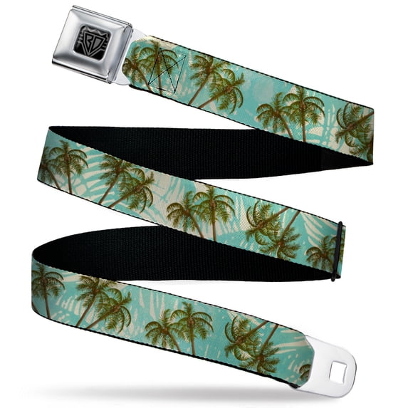Buckle-Down Belt, Seatbelt Buckle Belt, Palm Trees Swaying Tan Teal, 34 to 52 Inches