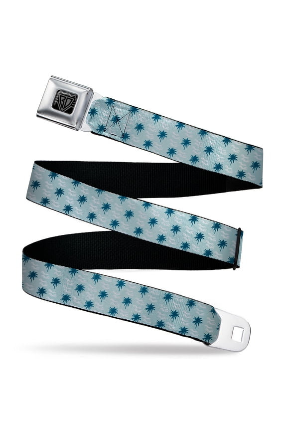 Belt, Seatbelt Buckle Belt, Palm Trees Waves Monogram Blues White, Youth 22 to 32 Inches