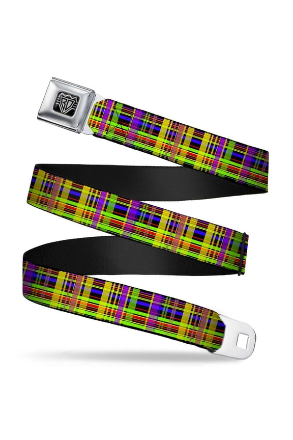 Belt, Seatbelt Buckle Belt, Plaid Black Multi Neon, 30 to 44 Inches