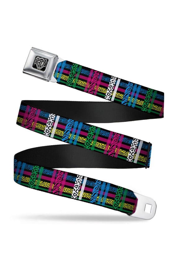 Belt, Seatbelt Buckle Belt, Plaid Black Neon Animal Skins, 34 to 52 Inches