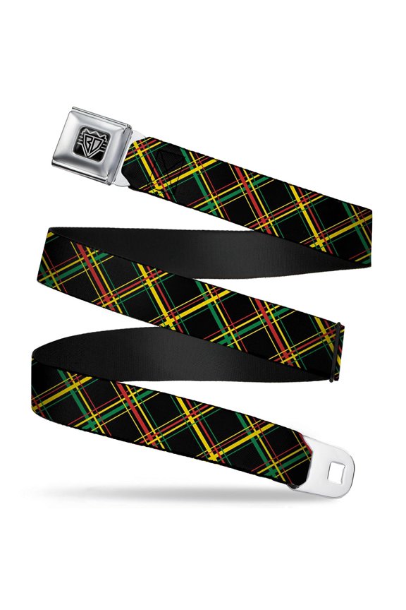 Belt, Seatbelt Buckle Belt, Plaid X Rasta, Youth 22 to 32 Inches