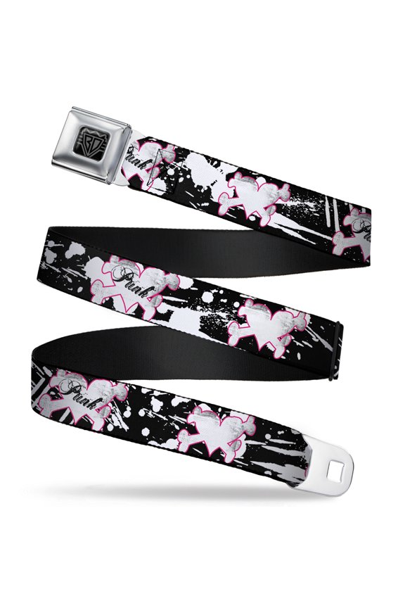 Belt, Seatbelt Buckle Belt, Punk Heart Cross Bones Splatter Black White, Youth 22 to 32 Inches