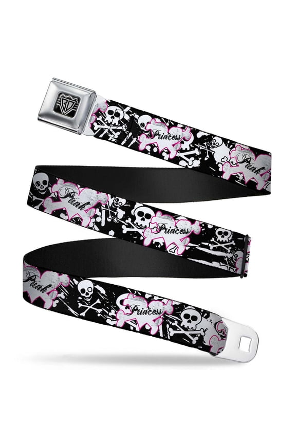 Belt, Seatbelt Buckle Belt, Punk Princess Heart Cross Bones Skulls Splatter Black White, Youth 22 to 32 Inches