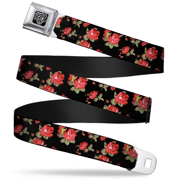 Buckle-Down Belt, Seatbelt Buckle Belt, Red Roses Scattered Black, 34 to 52 Inches