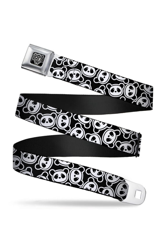 Belt, Seatbelt Buckle Belt, Scattered Panda Bear Cartoon Black White, 34 to 52 Inches
