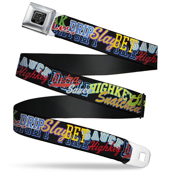 Buckle-Down Belt, Seatbelt Buckle Belt, Slang Verbiage Stacked Black Multi Color, 34 to 52 Inches