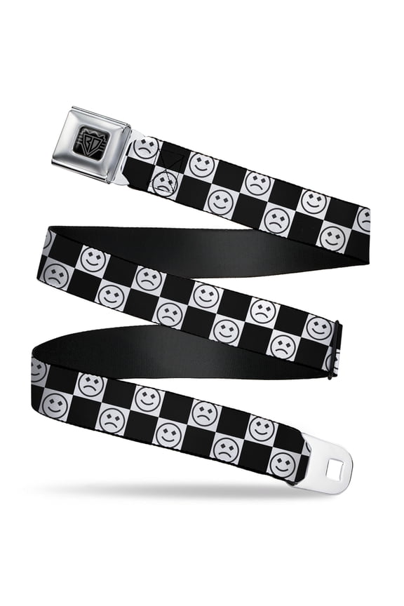 Belt, Seatbelt Buckle Belt, Smiley Sad Face Checker Black White, Youth 22 to 32 Inches
