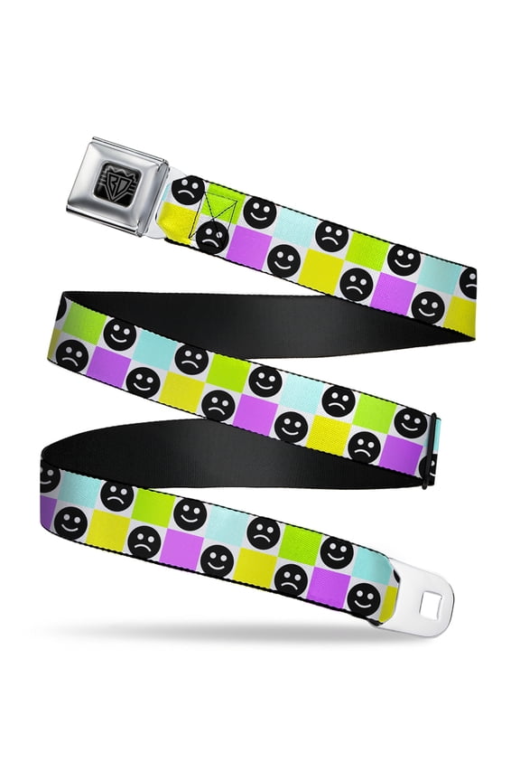 Belt, Seatbelt Buckle Belt, Smiley Sad Face Checker Multi Color White, Youth 22 to 32 Inches