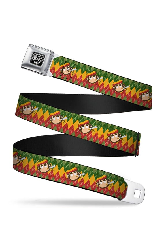 Belt, Seatbelt Buckle Belt, Smoking Monkey Repeat Argyle Rasta, 34 to 52 Inches