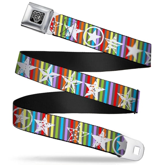 Buckle-Down Belt, Seatbelt Buckle Belt, Stars Lines Gray Multi Color White, 30 to 44 Inches