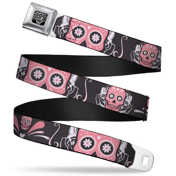 Buckle-Down Belt, Seatbelt Buckle Belt, Sugar Skulls Gray Pink, 34 to 52 Inches