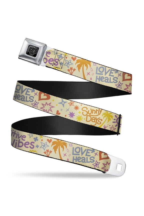 Belt, Seatbelt Buckle Belt, Summer Harmony Collage Beige Multi Color, Youth 22 to 32 Inches