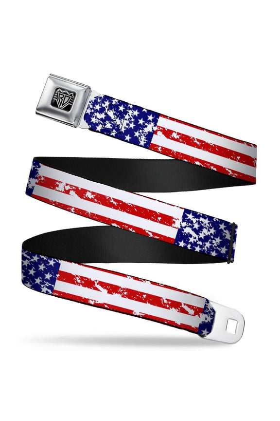 Belt, Seatbelt Buckle Belt, United States Flags Close Up Weathered, 30 to 44 Inches