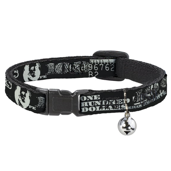 Buckle-Down Breakaway Cat Collar With Bell, Plastic Clip, Easy Adjustable, Americana One Hundred Dollar Bill Elements Black Gray, 8.5 to 12 Inches 0.5 Inch Wide