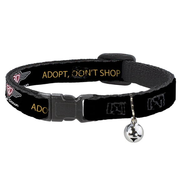 Buckle-Down Breakaway Cat Collar With Bell, Plastic Clip, Easy Adjustable, Buckle Down Logo Adopt Dont Shop Black Yellow, 8.5 to 12 Inches 0.5 Inch Wide