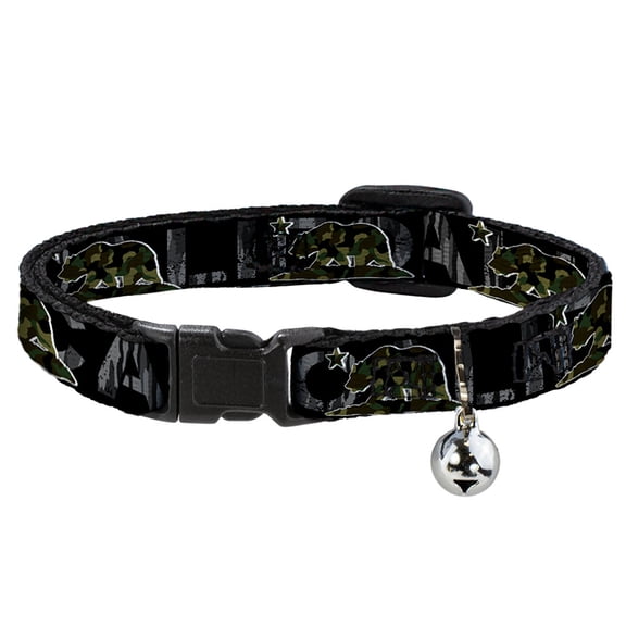 Buckle-Down Breakaway Cat Collar With Bell, Plastic Clip, Easy Adjustable, California Flag Bear Black Camo Gray Camo Olive, 8.5 to 12 Inches 0.5 Inch Wide