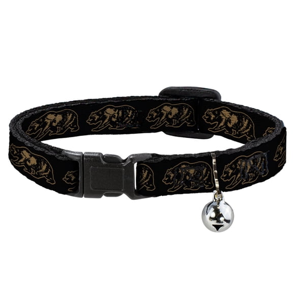 Buckle-Down Breakaway Cat Collar With Bell, Plastic Clip, Easy Adjustable, California Grizzly Bear Outline Black Brown, 8.5 to 12 Inches 0.5 Inch Wide