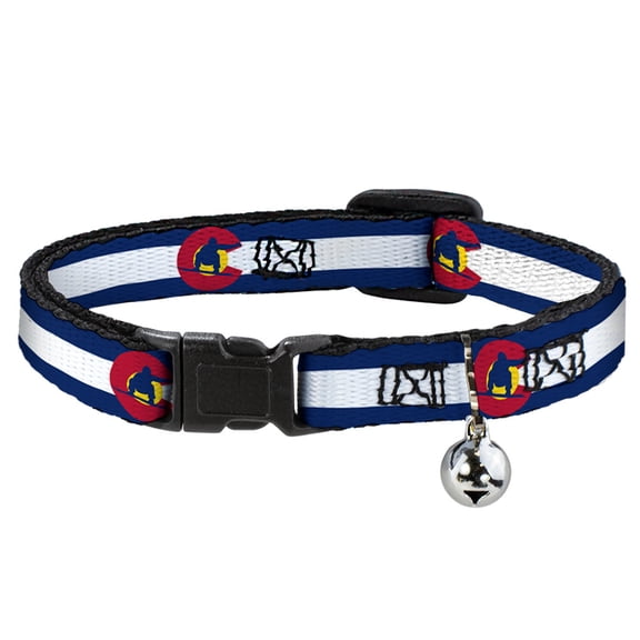 Buckle-Down Breakaway Cat Collar With Bell, Plastic Clip, Easy Adjustable, Colorado Flag Snowboarder Blue White Red Yellow, 8.5 to 12 Inches 0.5 Inch Wide