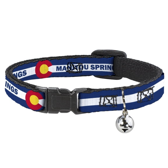 Buckle-Down Breakaway Cat Collar With Bell, Plastic Clip, Easy Adjustable, Colorado Manitou Springs Flag Blue White Red Yellow, 8.5 to 12 Inches 0.5 Inch Wide