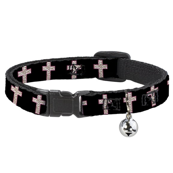 Buckle-Down Breakaway Cat Collar With Bell, Plastic Clip, Easy Adjustable, Cross Repeat Black Leopard Brown Pink Outline, 8.5 to 12 Inches 0.5 Inch Wide