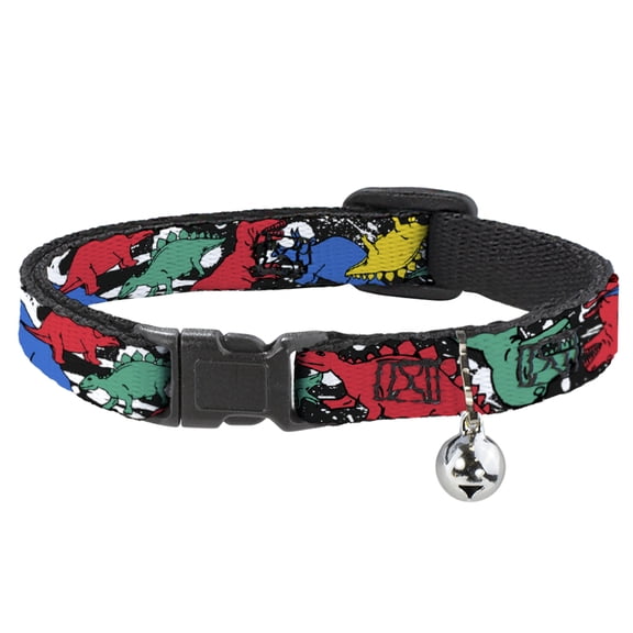 Buckle-Down Breakaway Cat Collar With Bell, Plastic Clip, Easy Adjustable, Dinosaurs Paint Splatter Black White Multi Color, 8.5 to 12 Inches 0.5 Inch Wide