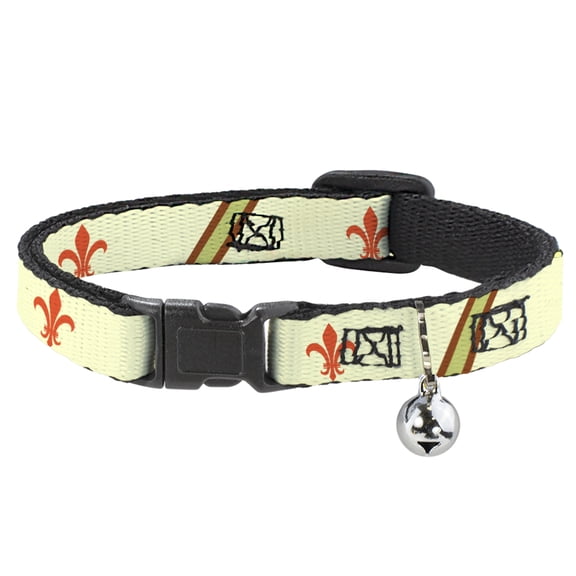 Buckle-Down Breakaway Cat Collar With Bell, Plastic Clip, Easy Adjustable, Fleur De Lis Stripes Tan Orange Brown Green, 8.5 to 12 Inches 0.5 Inch Wide