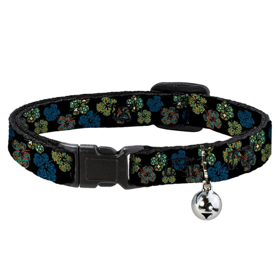 Buckle-Down Breakaway Cat Collar With Bell, Plastic Clip, Easy Adjustable, Pixilated Hibiscus Flowers Black Multi Color, 8.5 to 12 Inches 0.5 Inch Wide