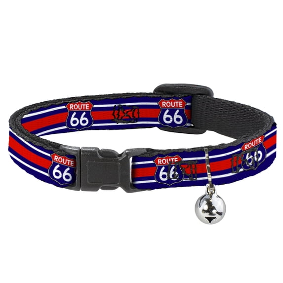 Buckle-Down Breakaway Cat Collar With Bell, Plastic Clip, Easy Adjustable, Route 66 Highway Sign Stripe Blue White Red, 8.5 to 12 Inches 0.5 Inch Wide