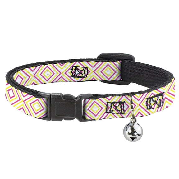 Buckle-Down Breakaway Cat Collar With Bell, Plastic Clip, Easy Adjustable, Square Lines White Fluorescent Orange Pink Yellow, 8.5 to 12 Inches 0.5 Inch Wide