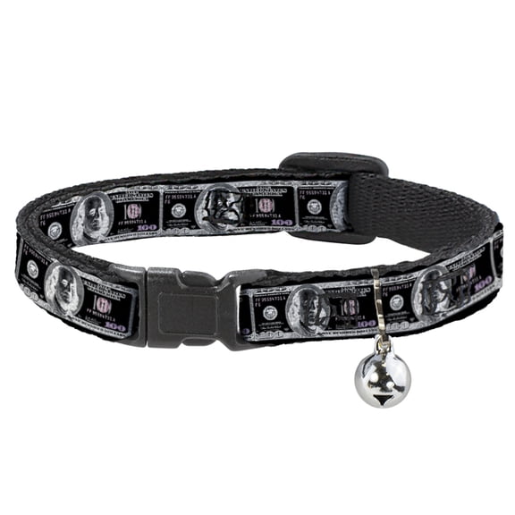 Buckle-Down Breakaway Cat Collar With Bell, Plastic Clip, Easy Adjustable, 100 Dollar Bill X Ray Black White, 8.5 to 12 Inches 0.5 Inch Wide
