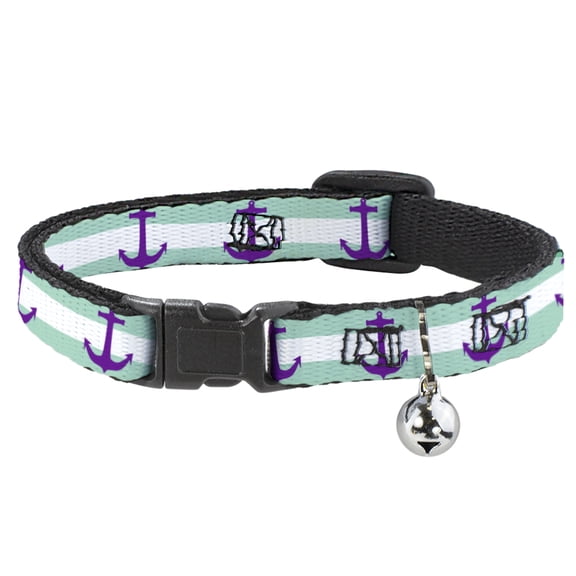 Buckle-Down Breakaway Cat Collar With Bell, Plastic Clip, Easy Adjustable, Anchor Stripe Teal White Purple, 8.5 to 12 Inches 0.5 Inch Wide