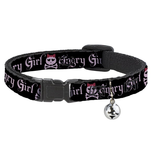 Buckle-Down Breakaway Cat Collar With Bell, Plastic Clip, Easy Adjustable, Angry Girl Black Pink, 8.5 to 12 Inches 0.5 Inch Wide