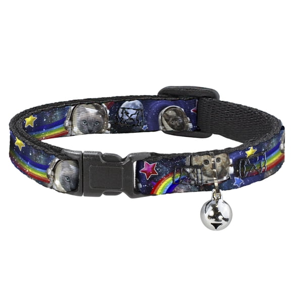 Buckle-Down Breakaway Cat Collar With Bell, Plastic Clip, Easy Adjustable, Astronaut Cats In Space Rainbows Stars, 8.5 to 12 Inches 0.5 Inch Wide